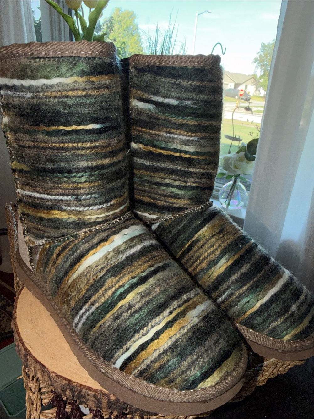 Cozy Striped Wool Boot Slippers - Green/Olive